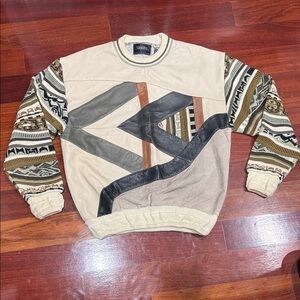 Saxony Brown and Cream Patterned Crewneck Sweater Genuine Leather size L